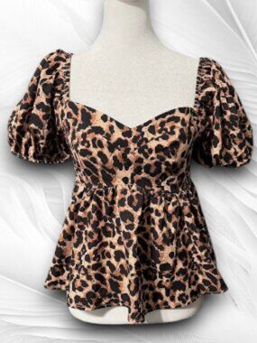 SHEIN Leopard Print Puff Sleeve Peplum Top Size S Brown Animal Print Blouse